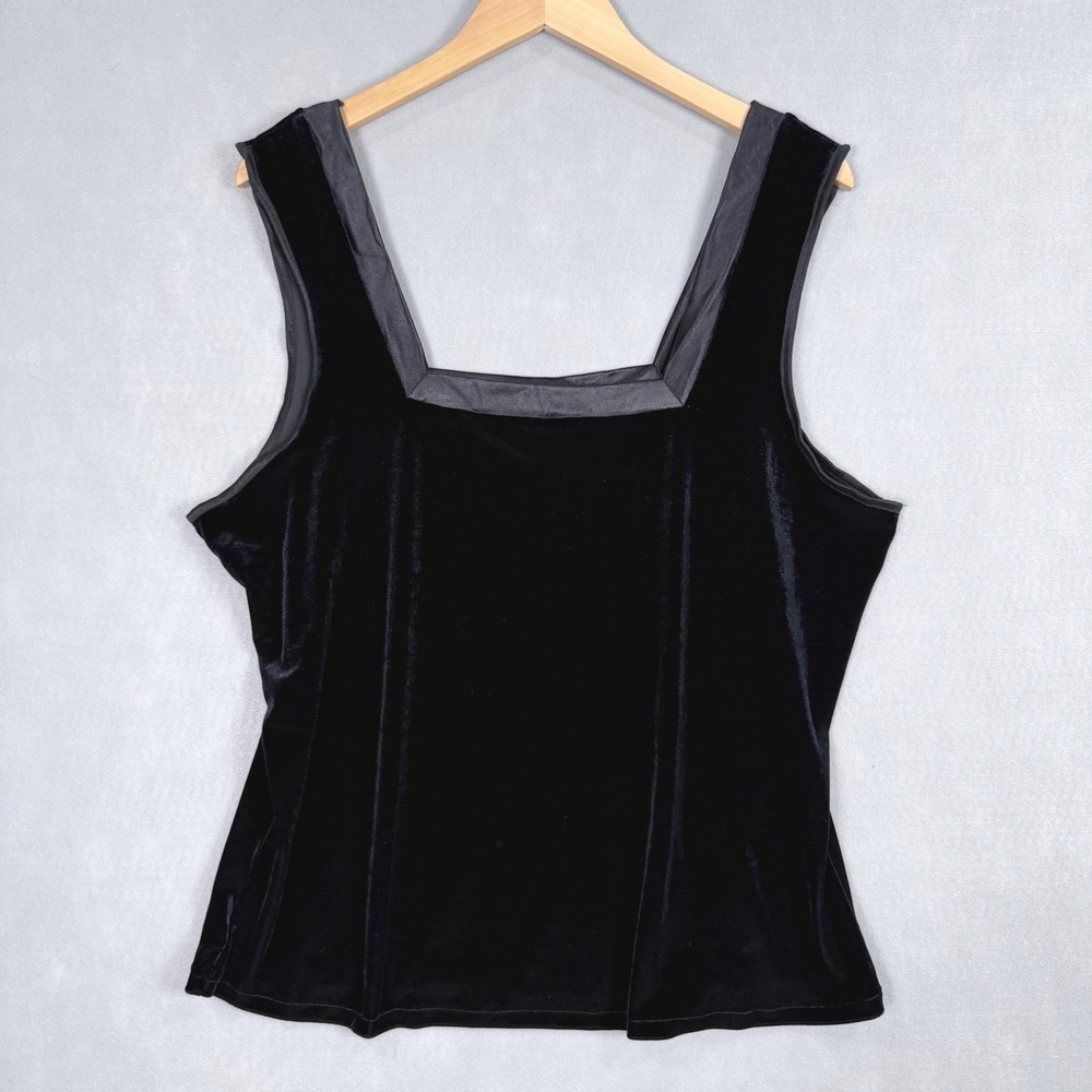Vintage Cinema Etoile Tank Top Womens XL Black Velvet Square Neck Satin Trim